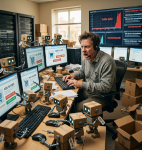 Man wearing headset frustrated at workstation with many small robots and multiple screens showing e-commerce and system failure messages