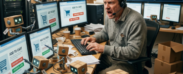 Man wearing headset frustrated at workstation with many small robots and multiple screens showing e-commerce and system failure messages