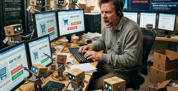 Man wearing headset frustrated at workstation with many small robots and multiple screens showing e-commerce and system failure messages