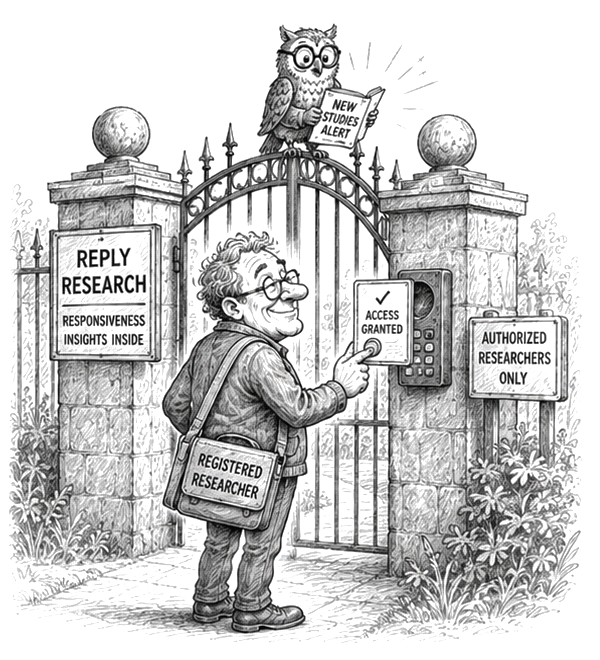 Illustration of a smiling researcher pressing an "Access granted" button at the ReplyResearch gate, watched by an owl reading "New studies alert"