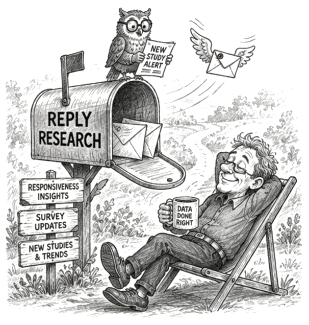 A smiling researcher relaxing in a deckchair with a "Data done right" mug beside a ReplyResearch mailbox, while an owl reads a "New study alert" and a winged envelope flies in